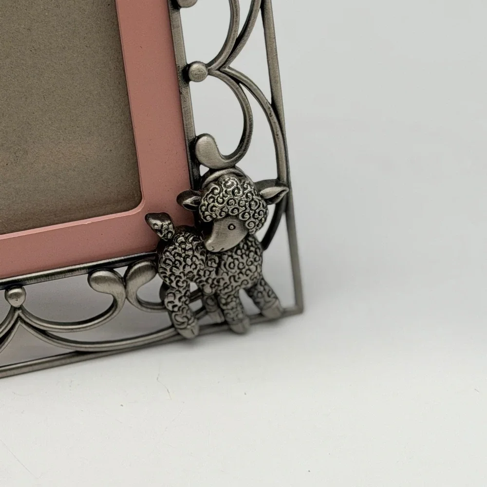 Vintage Pewter Animal Filigree Baby Picture Frame Silver Pink Bear Bunny Lamb